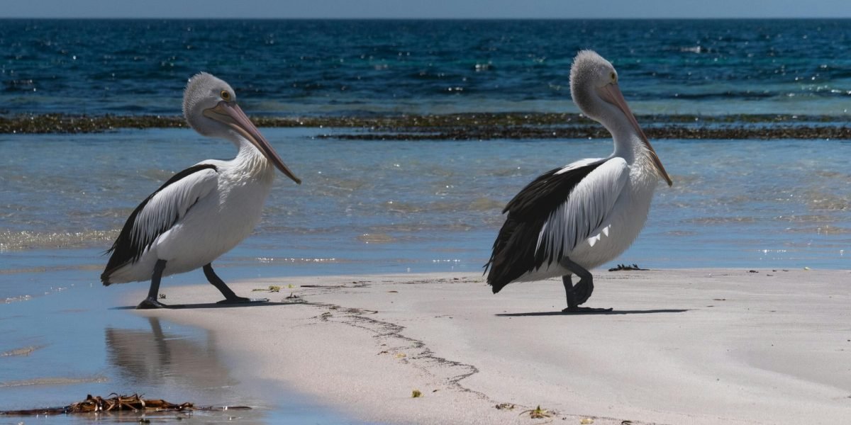 Two Australian pelicans walking along a serene beach, showcasing wildlife in natural habitat.